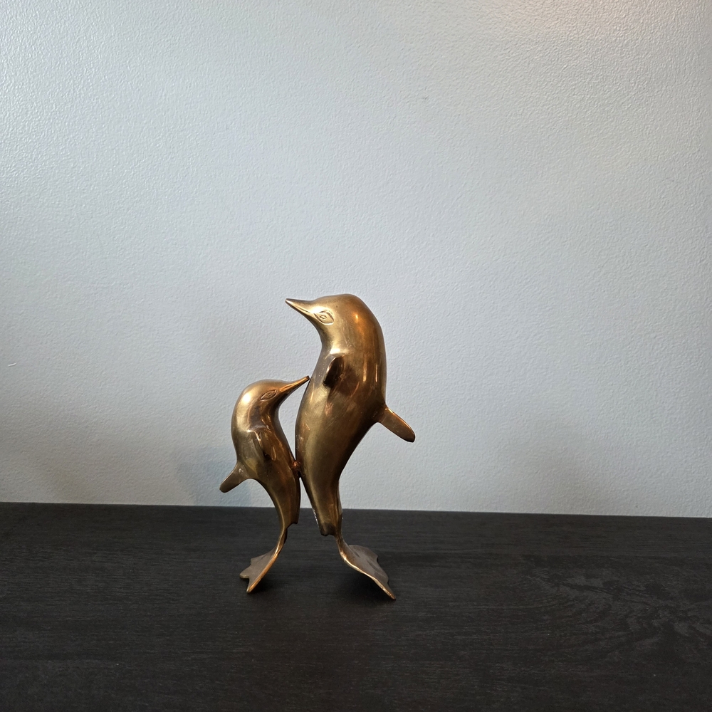 Brass Chic Gold Dolphin Duo Sculpture. Mom and Baby.